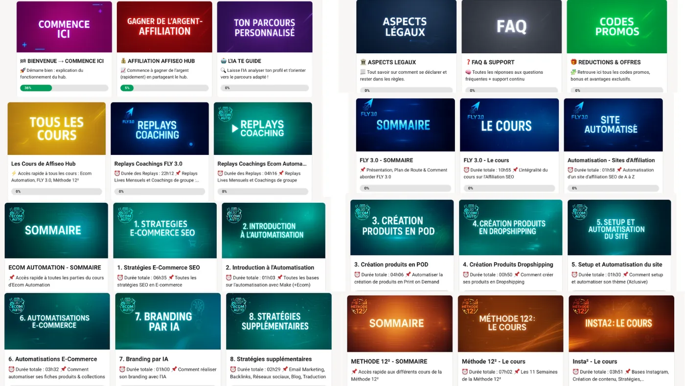 Aperçu de la classroom de l'Affiseo Hub – modules & replays